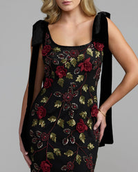 Mac Duggal #9411 red 3D floral applique close-up