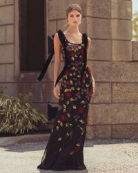 Mac Duggal #9411 black floral evening gown with red appliques