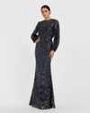 Mac Duggal Navy Sequin Long Sleeve Blouson Evening Gown #94127 Midnight 