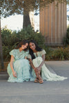 Beaded Mesh High Neck Micro Ruffle Gown - Sage