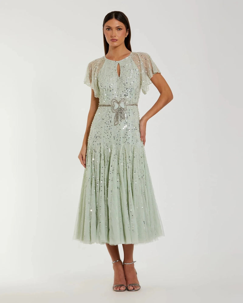 seafoam green party dress Seafoam Green Beaded Strappy Waist Dress