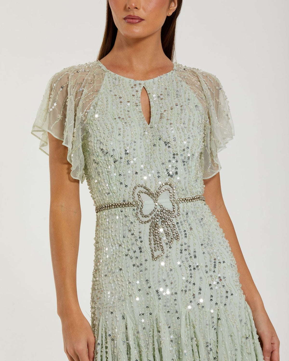 Mac Duggal Green Embellished Bow Flutter Sleeve A Line Midi Dress #94128 Seafoam Mac Duggal Green Embellished Bow Flutter Sleeve A Line Midi Dress #94128 Seafoam