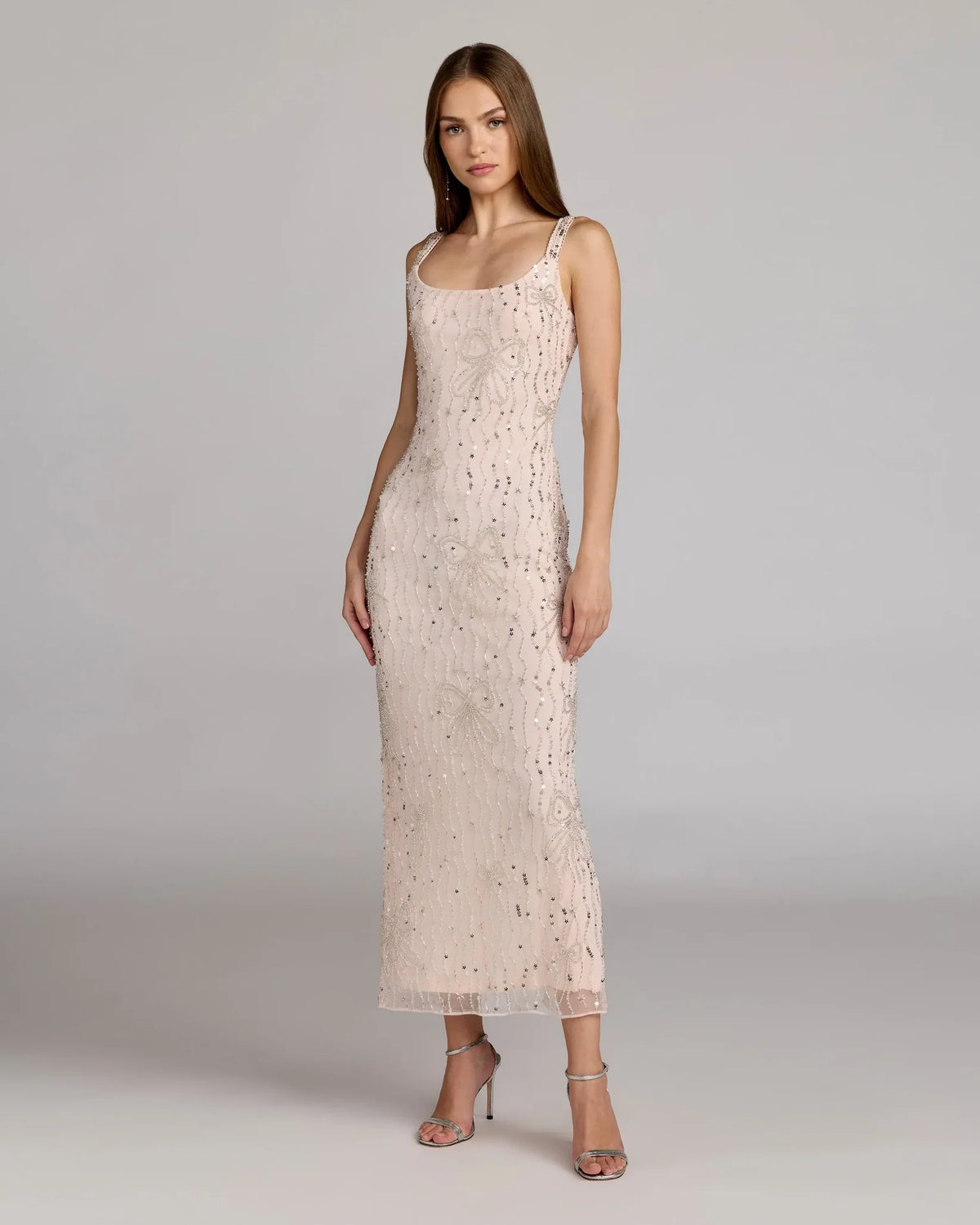 Mac Duggal Beaded Mesh Scoop Neck Fitted Gown With Bows Nude Blush 94129 