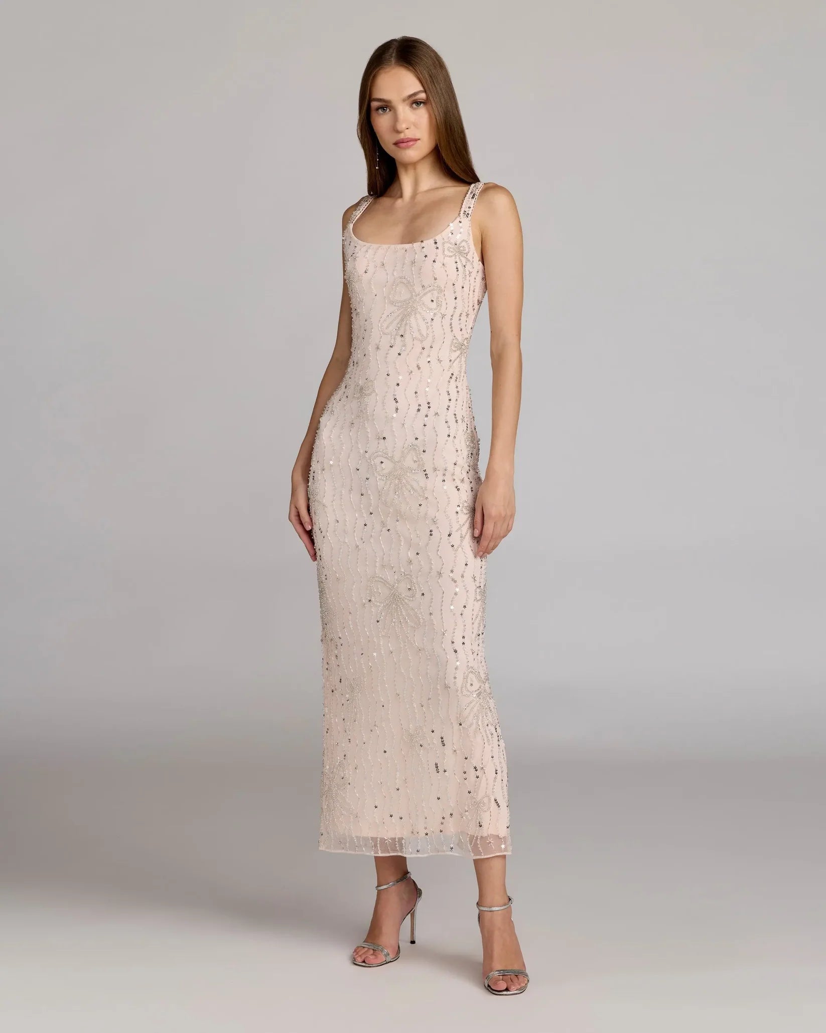 Mac Duggal Beaded Mesh Scoop Neck Fitted Gown With Bows Nude Blush 94129 