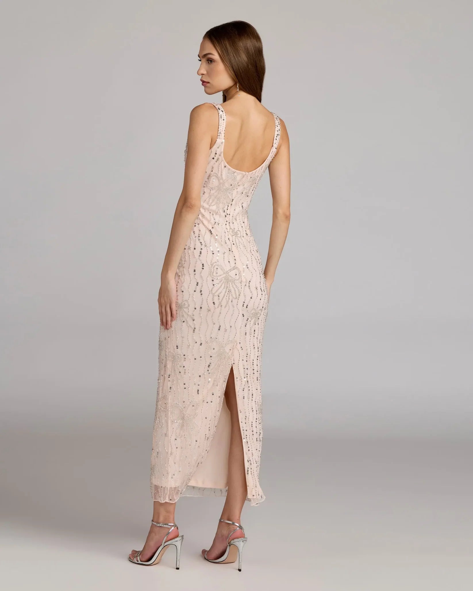 Mac Duggal Beaded Mesh Scoop Neck Fitted Gown With Bows Nude Blush 94129 