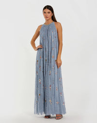 Blue Multi Mesh Trapeze High Neck Dress With Embroidery