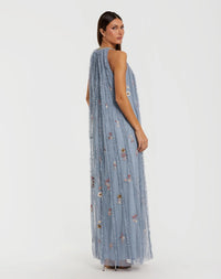 Blue Multi Mesh Trapeze High Neck Dress With Embroidery