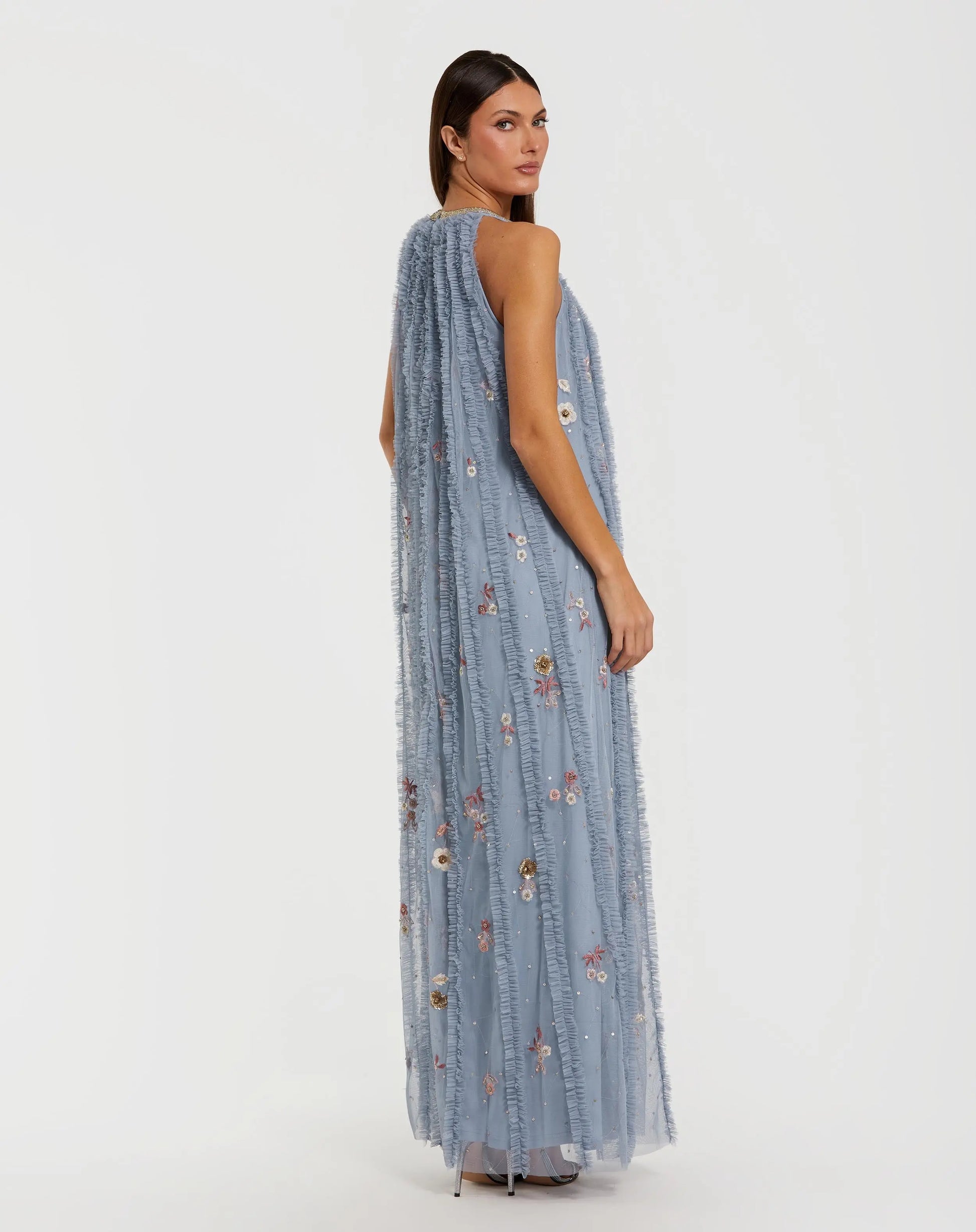 Blue Multi Mesh Trapeze High Neck Dress With Embroidery