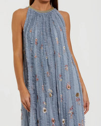 Blue Multi Mesh Trapeze High Neck Dress With Embroidery
