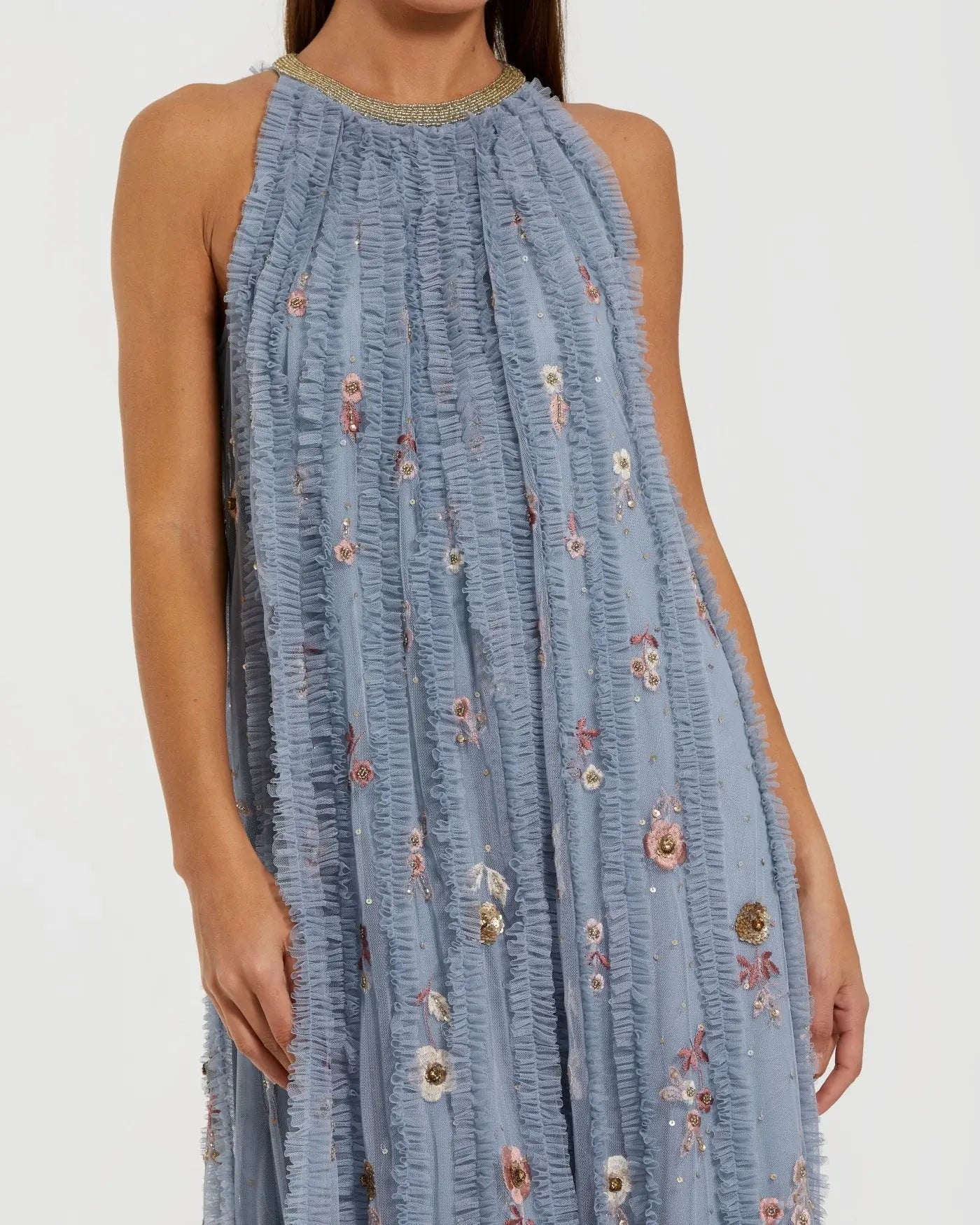Blue Multi Mesh Trapeze High Neck Dress With Embroidery