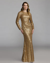 Mac Duggal #94136 gold geometric sequin long sleeve column gown