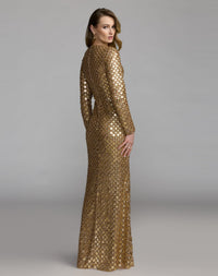 Mac Duggal #94136 gold geometric sequin long sleeve column gown back view