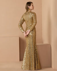 Mac Duggal #94136 gold geometric sequin long sleeve column gown back view