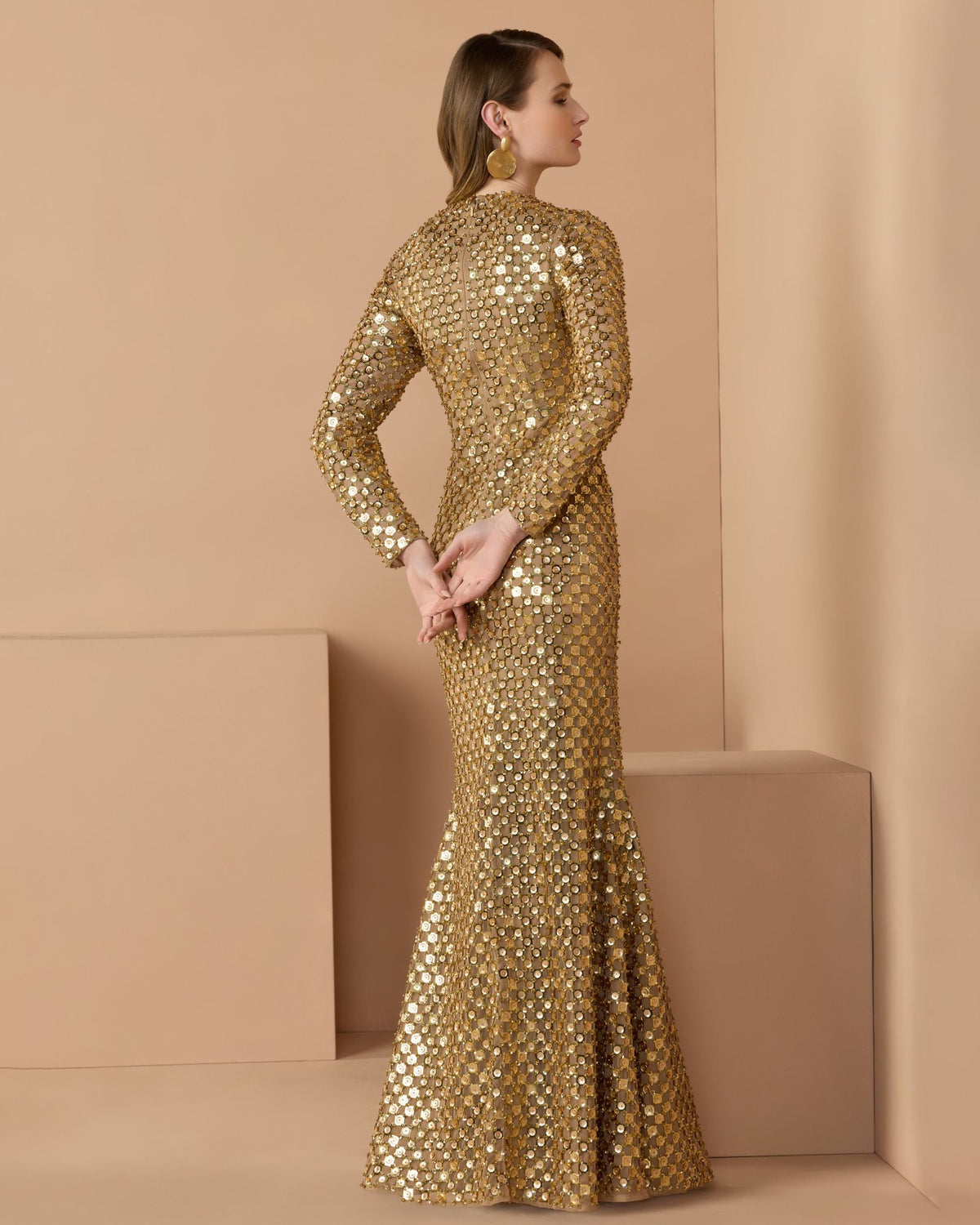 Mac Duggal #94136 gold geometric sequin long sleeve column gown back view