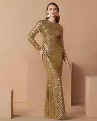 Mac Duggal #94136 gold geometric sequin long sleeve column gown lifestyle