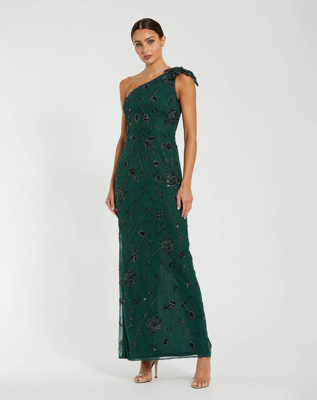 Mac Duggal #94139 deep green floral beaded one shoulder gown