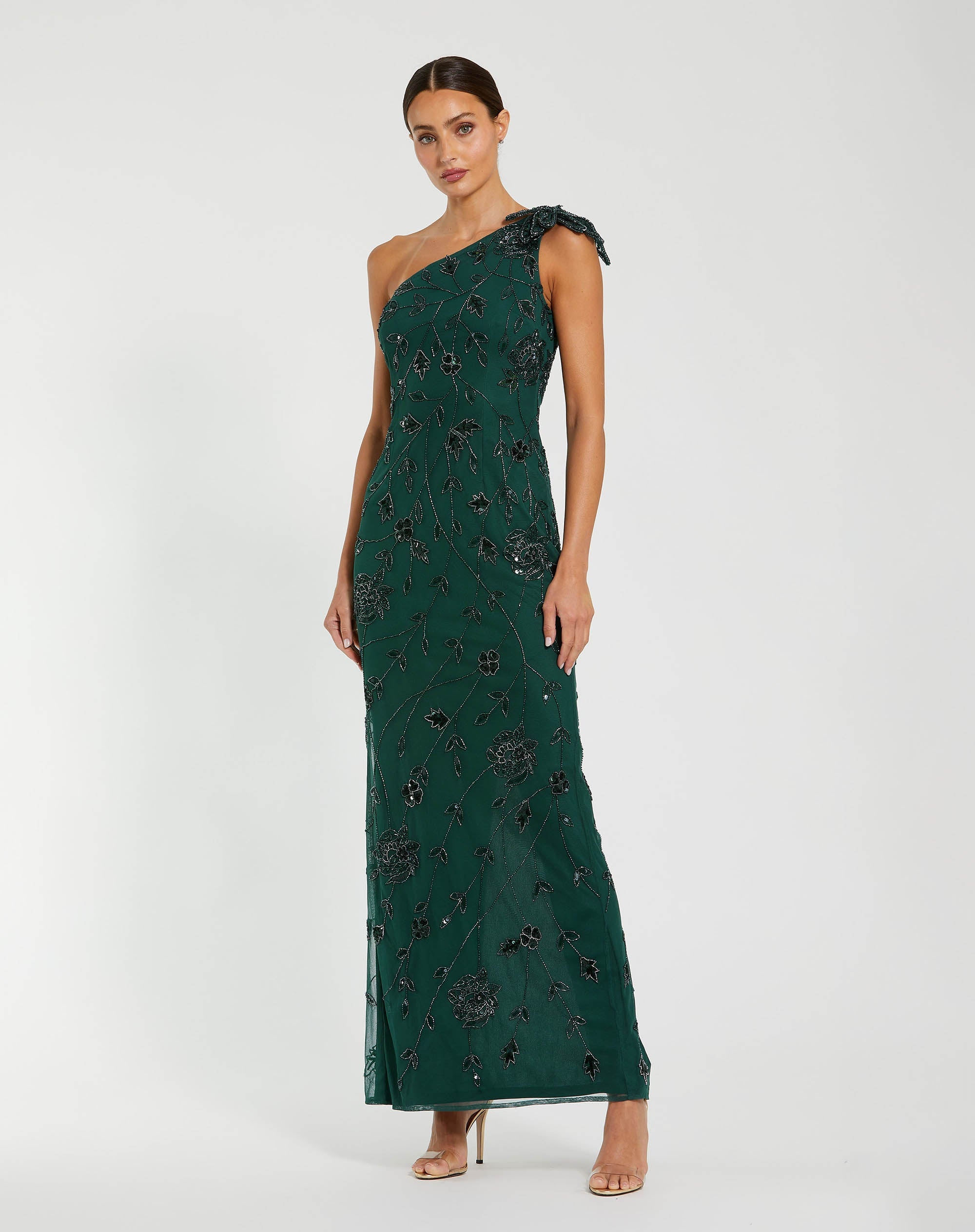 Mac Duggal #94139 deep green floral beaded one shoulder gown