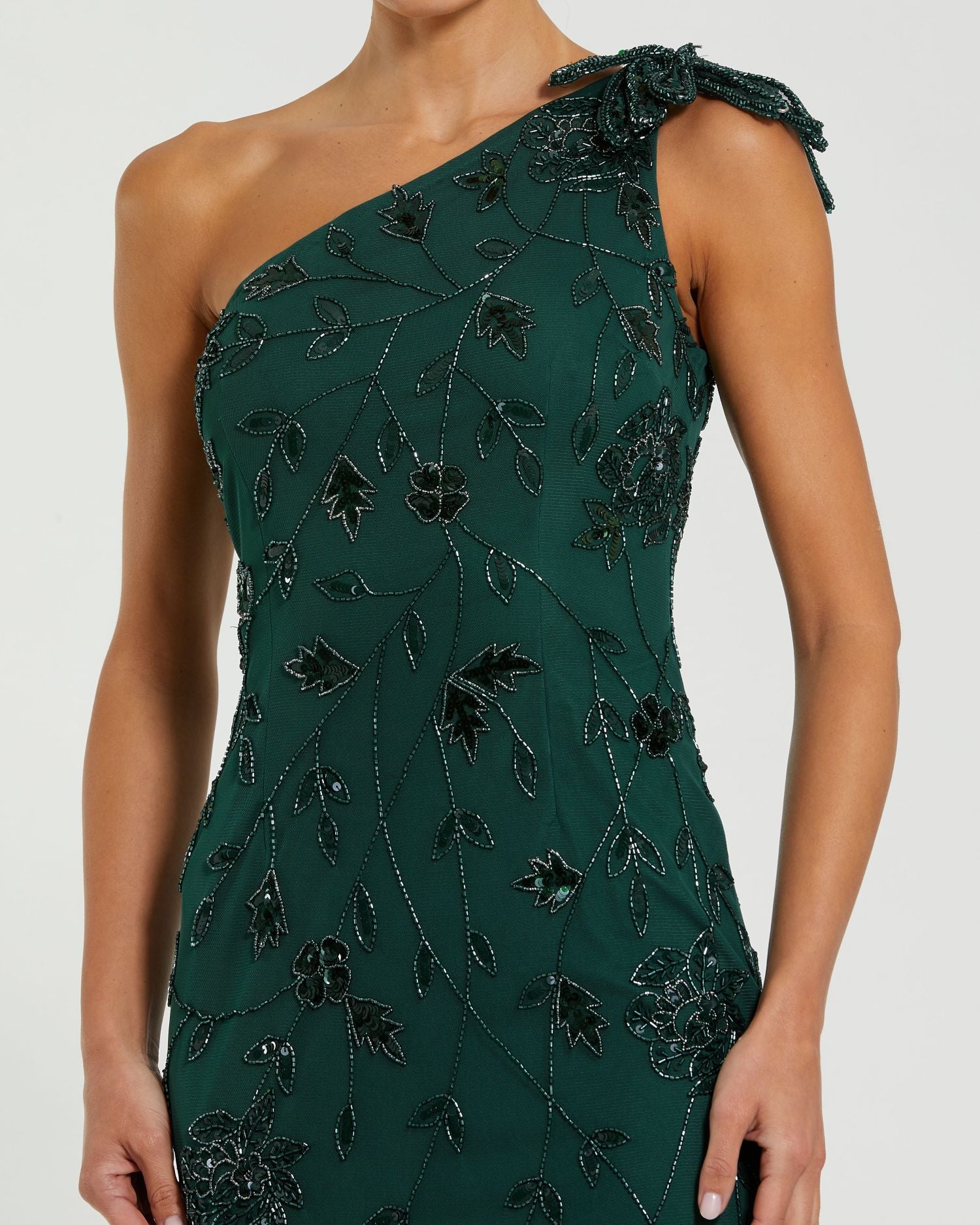 Mac Duggal #94139 deep green floral beadwork detail