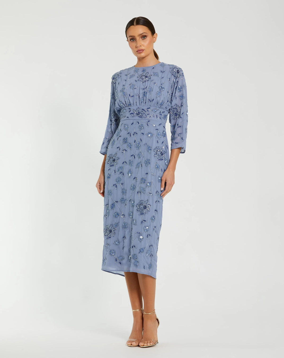 Mac Duggal #94141 Blue Floral Embellished Midi Dress with 3/4 Sleeves