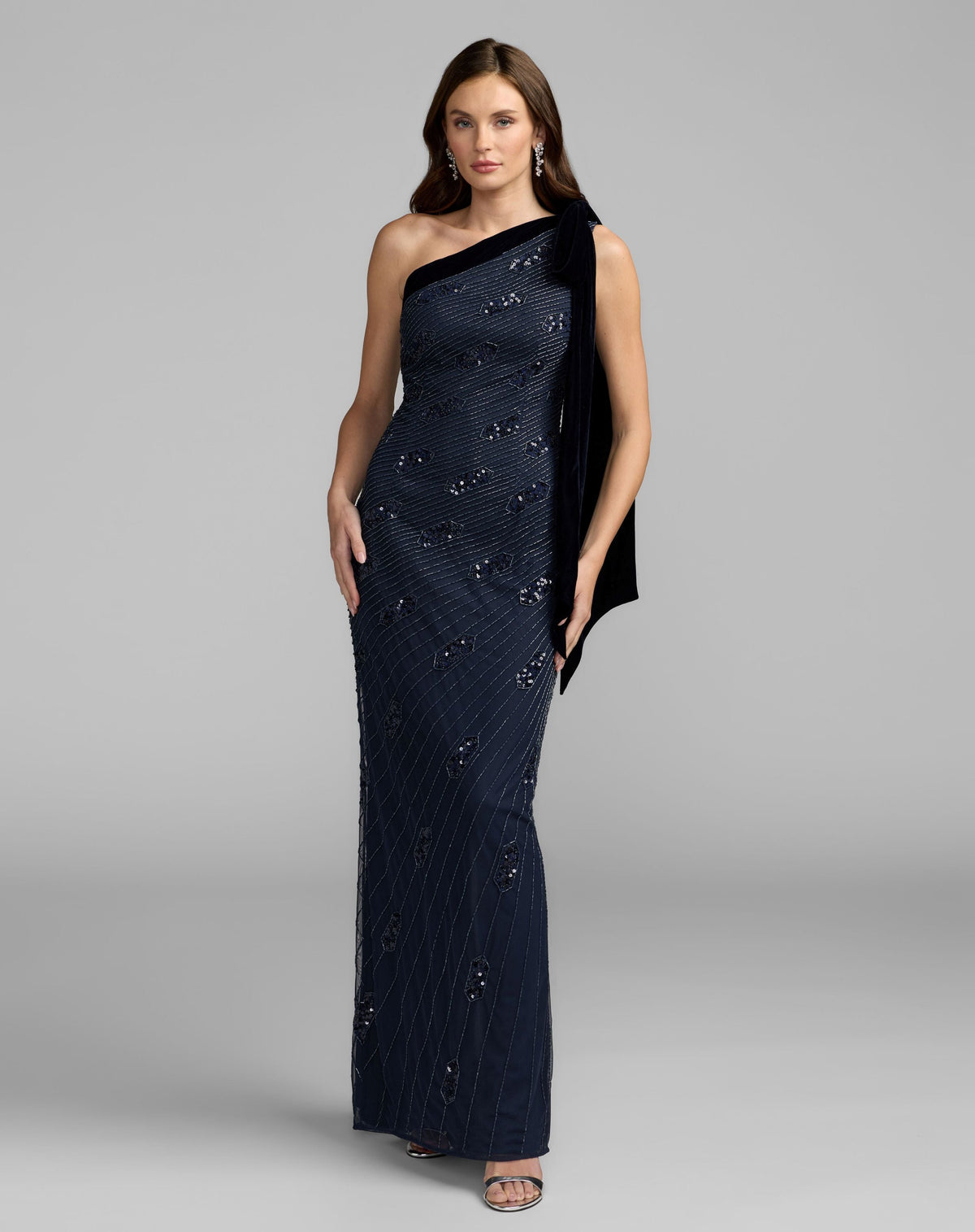 Mac Duggal #94144 midnight navy beaded one shoulder gown with velvet bow