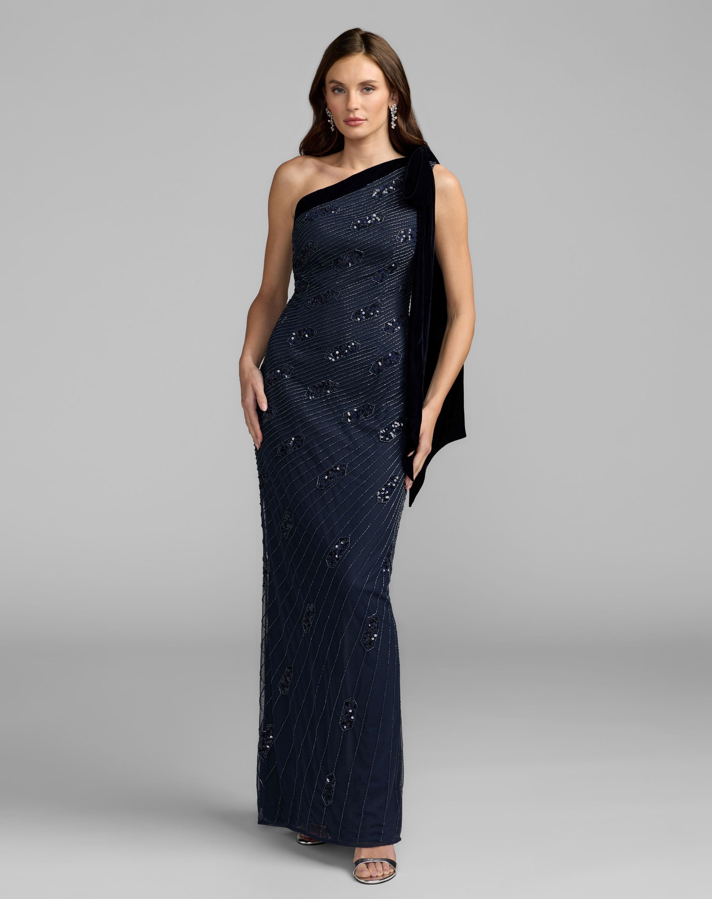Mac Duggal #94144 midnight navy beaded one shoulder gown with velvet bow