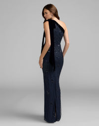 Mac Duggal #94144 midnight navy one shoulder gown back view