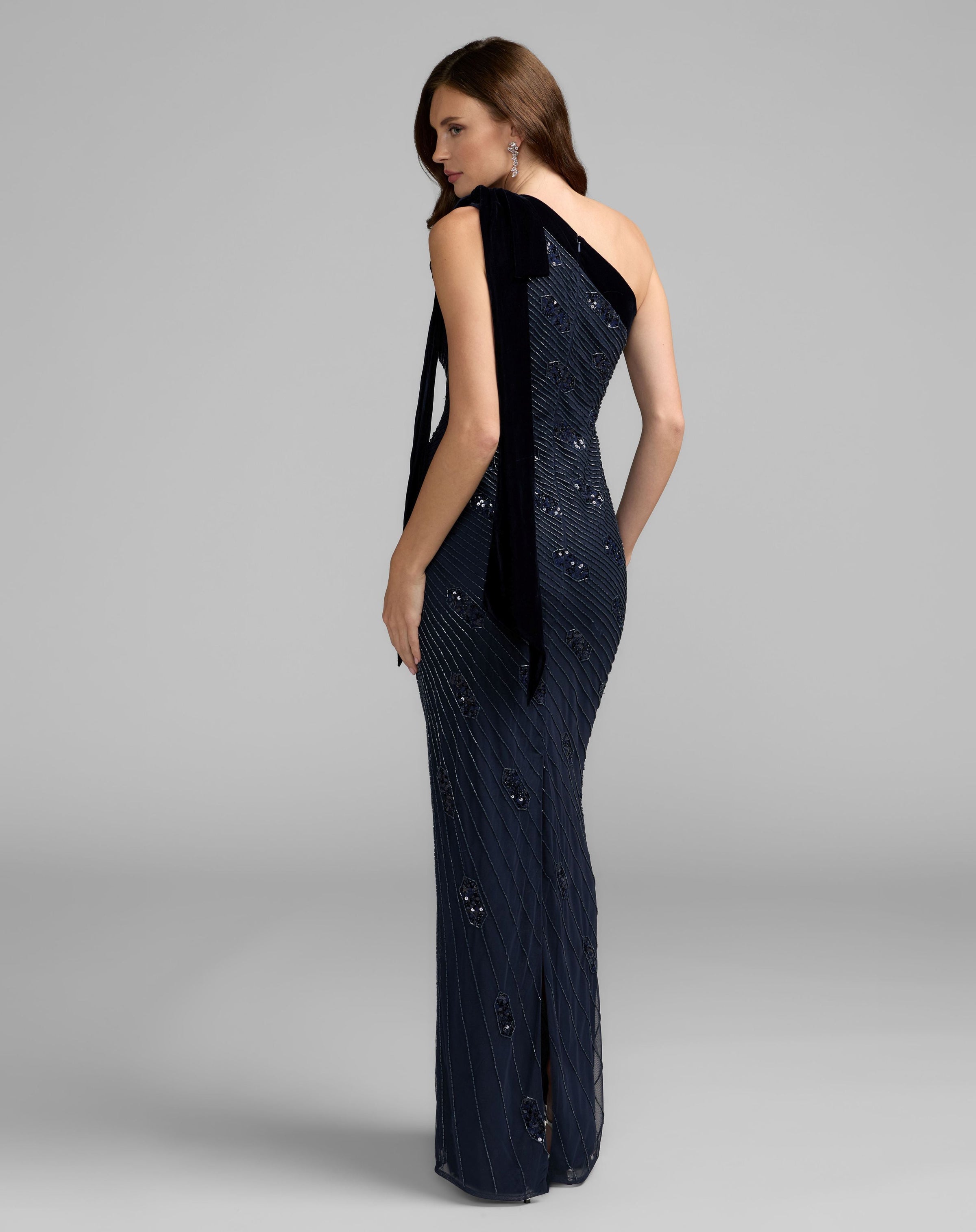 Mac Duggal #94144 midnight navy one shoulder gown back view