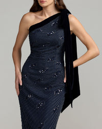 Mac Duggal #94144 navy gown velvet shoulder bow detail