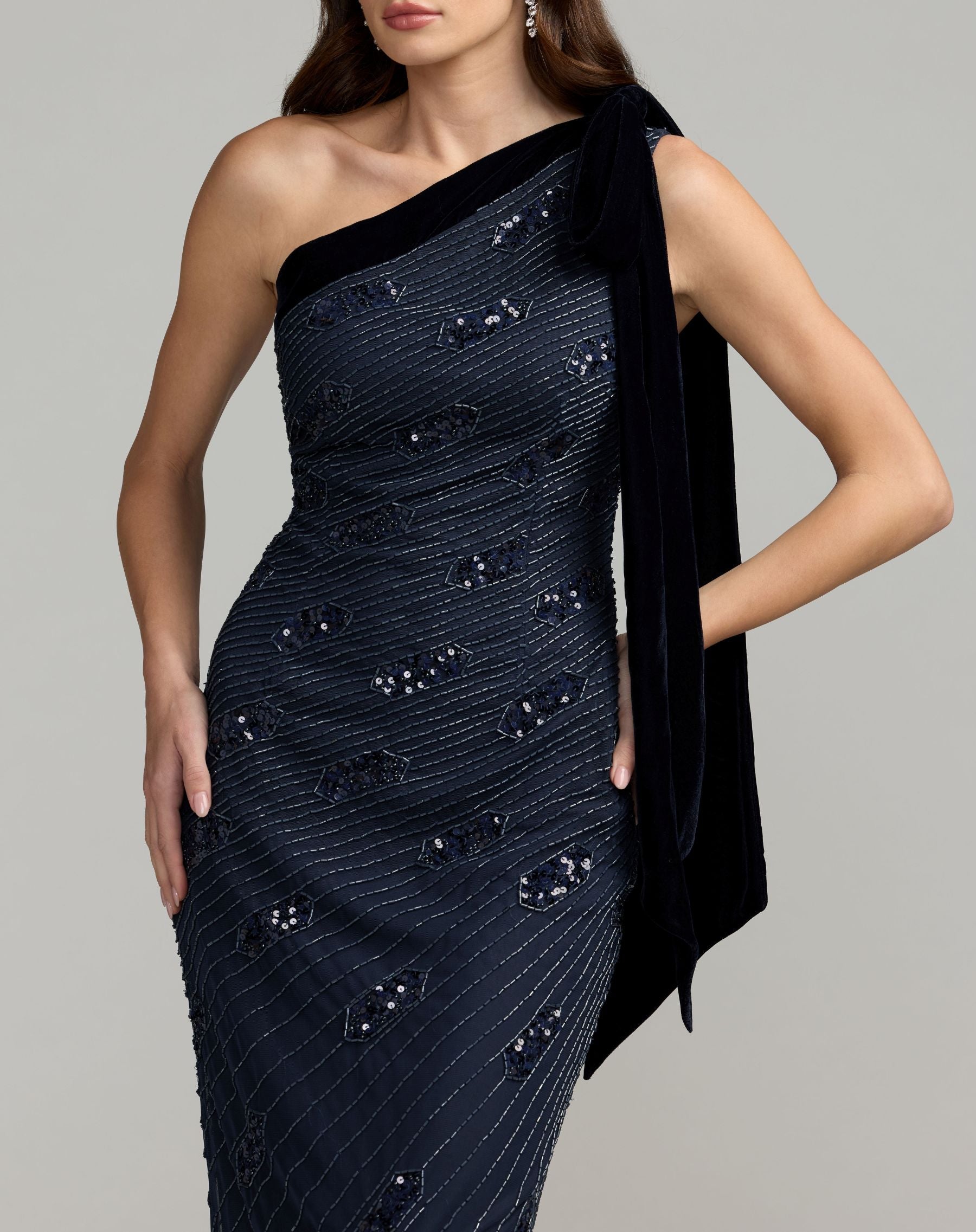 Mac Duggal #94144 navy gown velvet shoulder bow detail