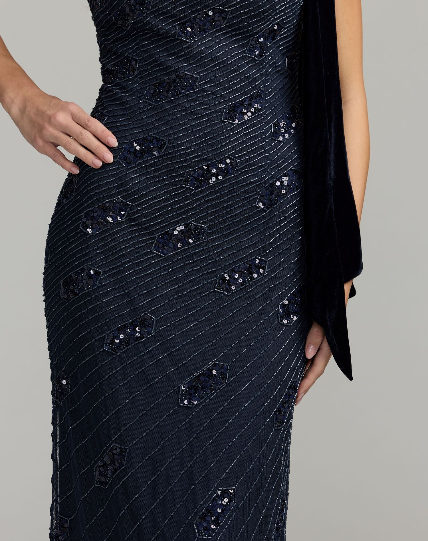 Mac Duggal #94144 navy gown diagonal beading close up