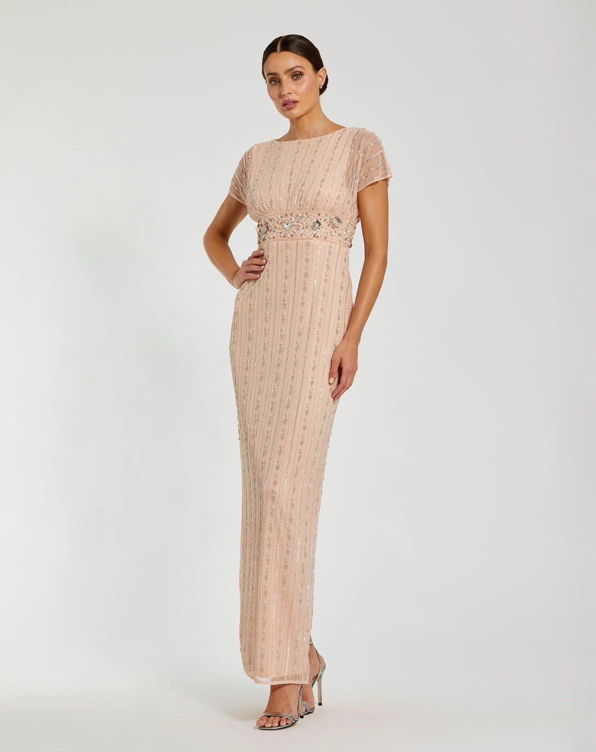 Mac Duggal Rose Pink Beaded Mesh Blouson Fitted Gown #94147