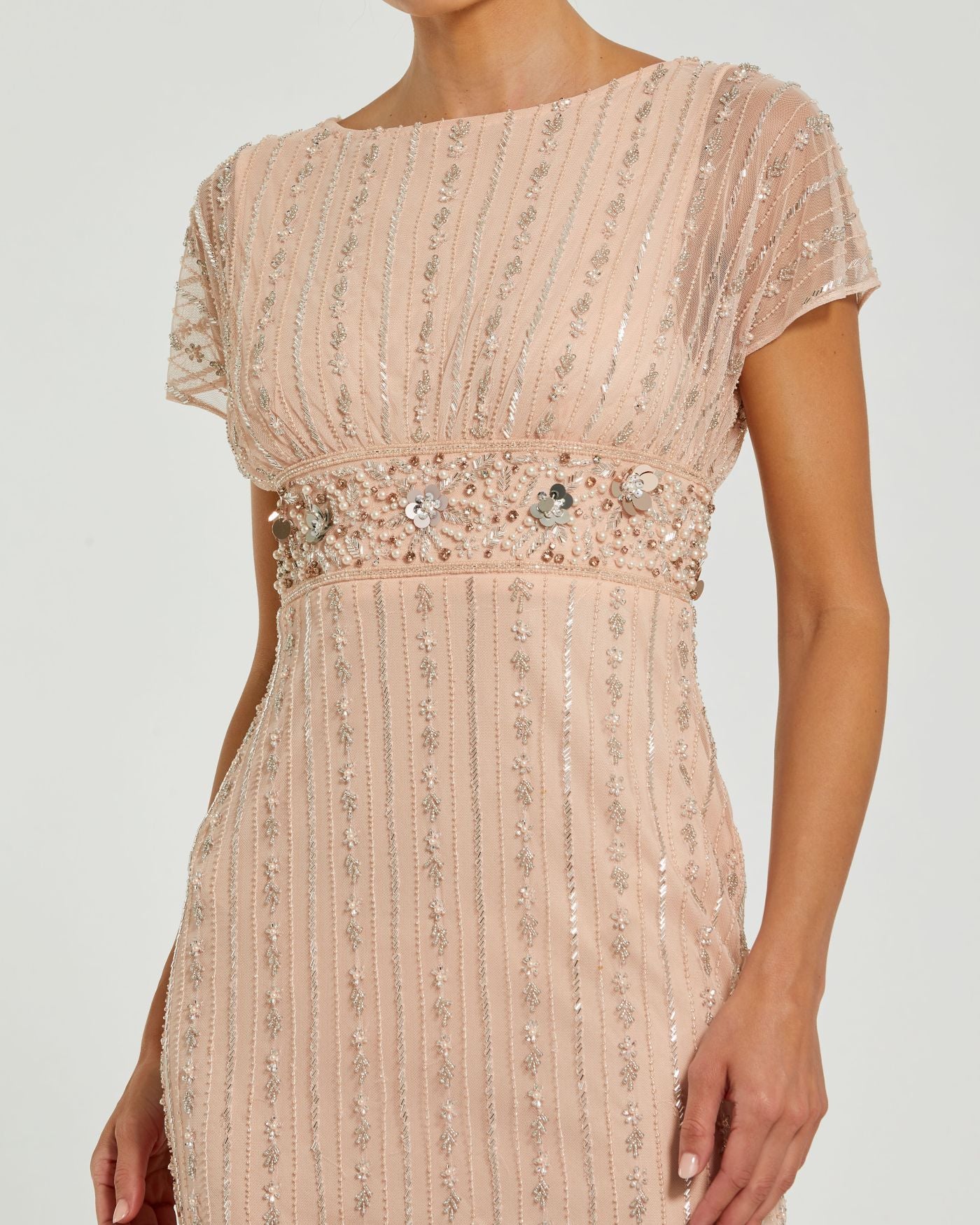 Mac Duggal Rose Pink Beaded Mesh Blouson Fitted Gown #94147