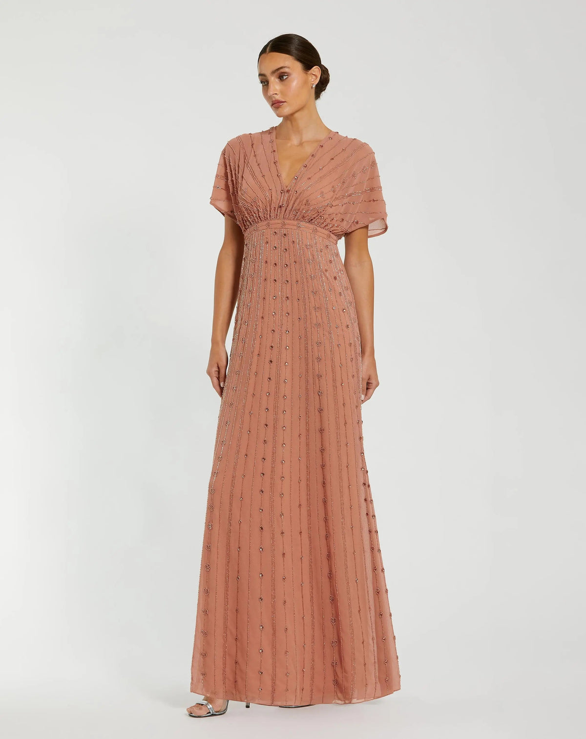 Mac Duggal #94149 Beaded Short Sleeve V-Neck Gown Cinnamon