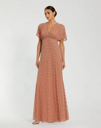 Mac Duggal #94149 Beaded Short Sleeve V-Neck Gown Cinnamon
