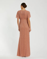 Beaded Short Sleeve V-Neck Gown - Cinnamon