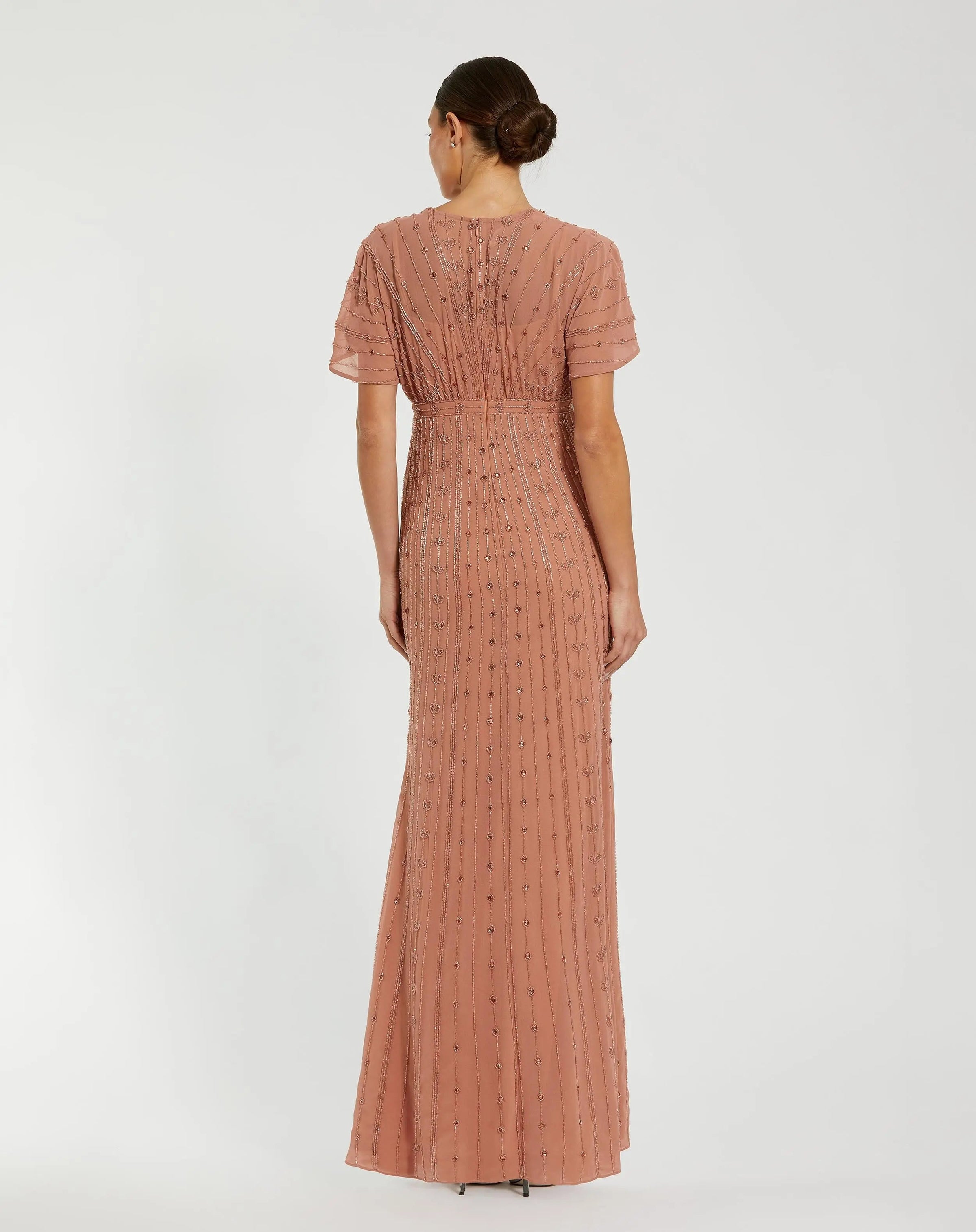 Beaded Short Sleeve V-Neck Gown - Cinnamon