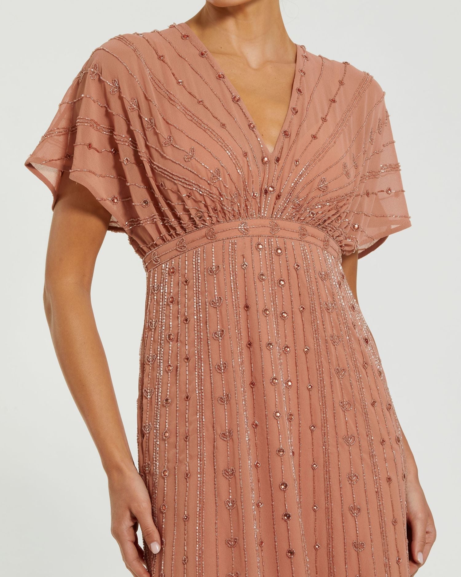 Beaded Short Sleeve V-Neck Gown - Cinnamon