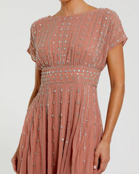 Mac Duggal 94153 Cinnamon beaded georgette blouson A line midi dress - detail