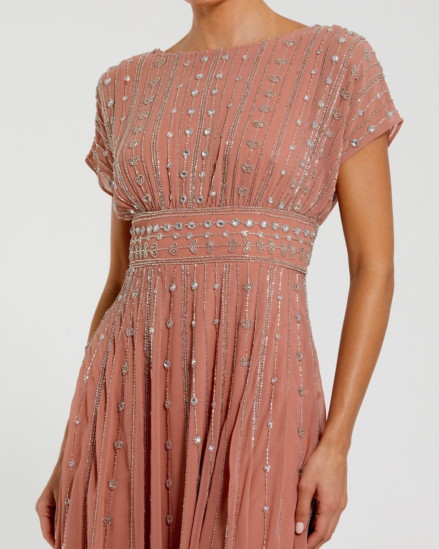 Mac Duggal 94153 Cinnamon beaded georgette blouson A line midi dress - detail