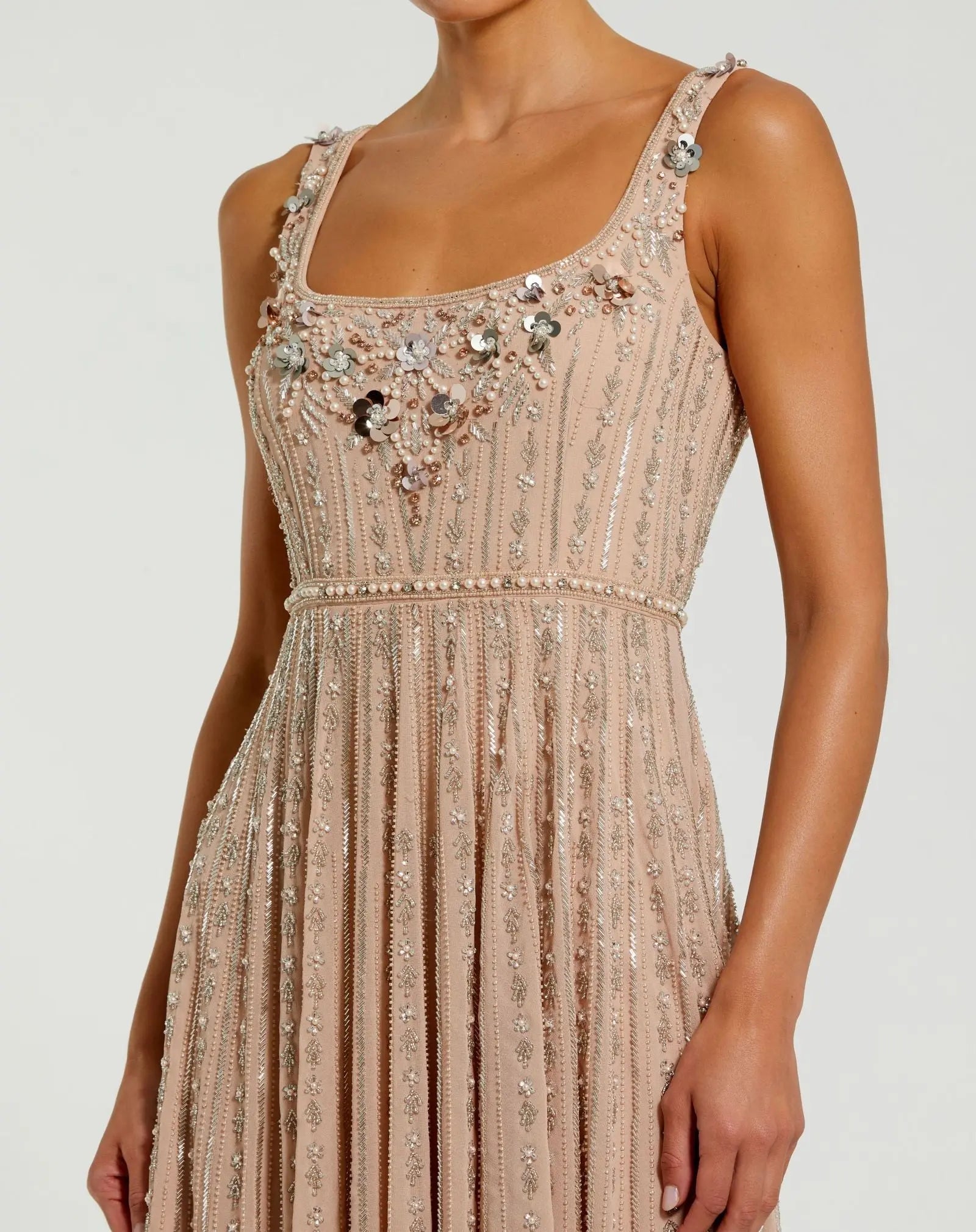 Pink Sleeveless Scoop Neck Embellished Midi Dress - Close Up