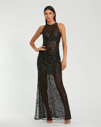 Mac Duggal #94157 black embellished sheer halter gown