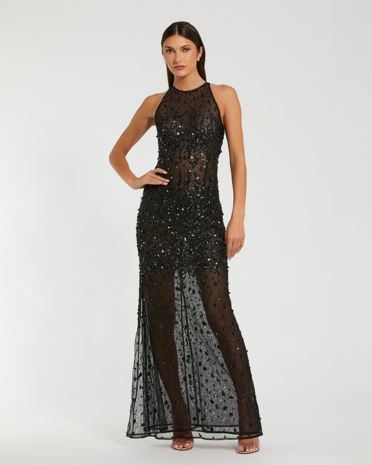 Mac Duggal #94157 black embellished sheer halter gown