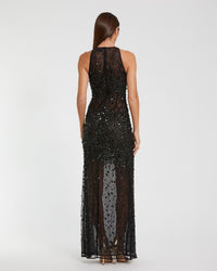 Mac Duggal #94157 black embellished sheer halter gown back view