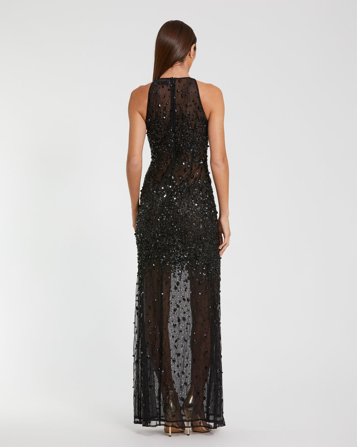 Mac Duggal #94157 black embellished sheer halter gown back view