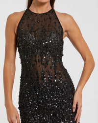 Mac Duggal #94157 black embellished sheer halter gown close-up