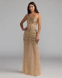 Mac Duggal #94159 gold nude one shoulder embellished illusion gown
