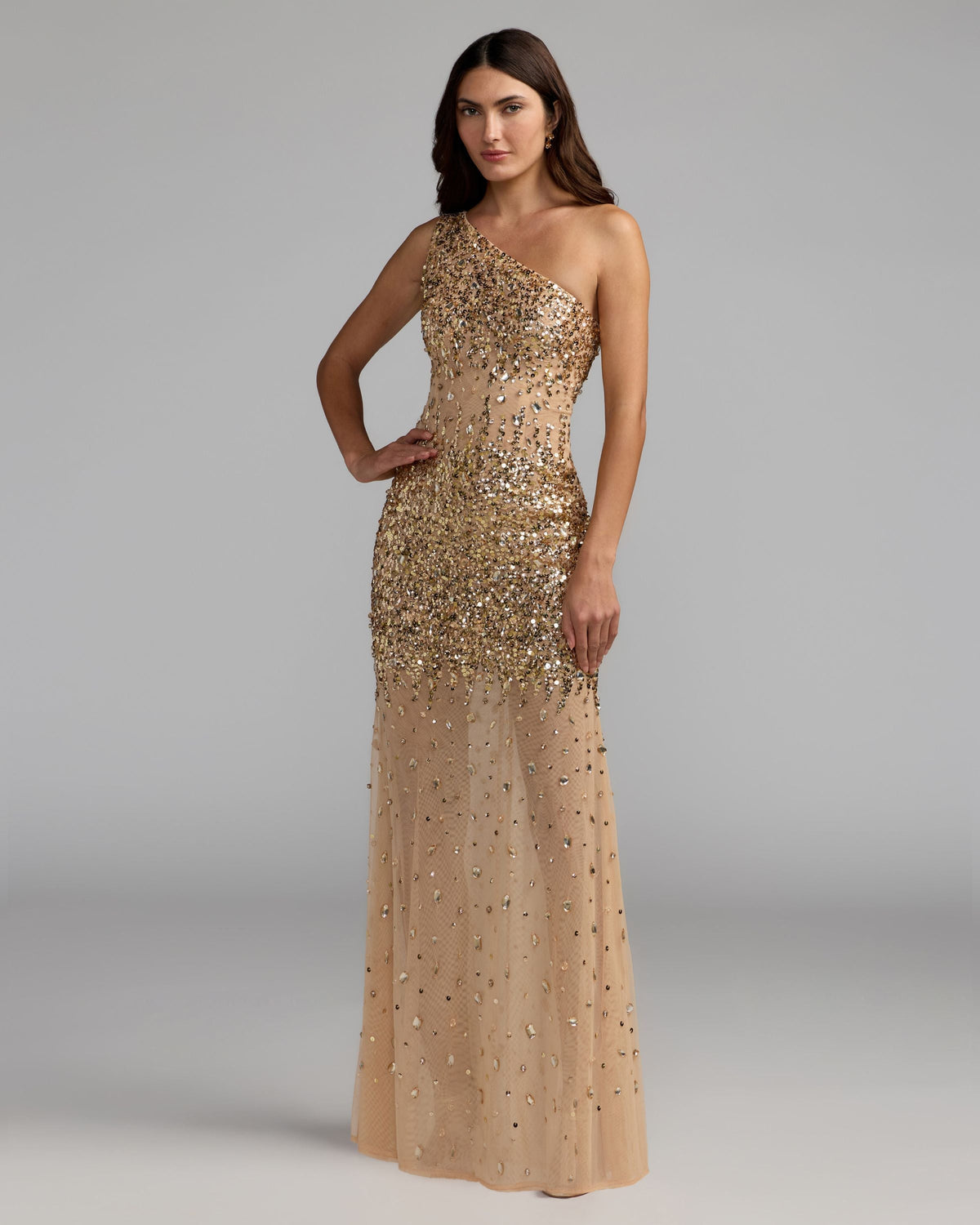Mac Duggal #94159 gold nude one shoulder embellished illusion gown