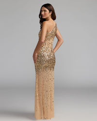 Mac Duggal #94159 gold nude one shoulder embellished illusion gown