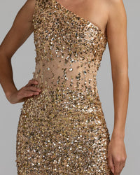 Mac Duggal #94159 gold nude one shoulder embellished illusion gown