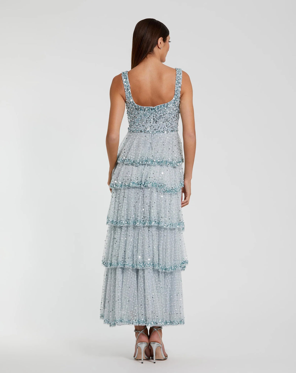 Embellished Net Tiered Ruffle Scoop Neck Dress - Powder Blue